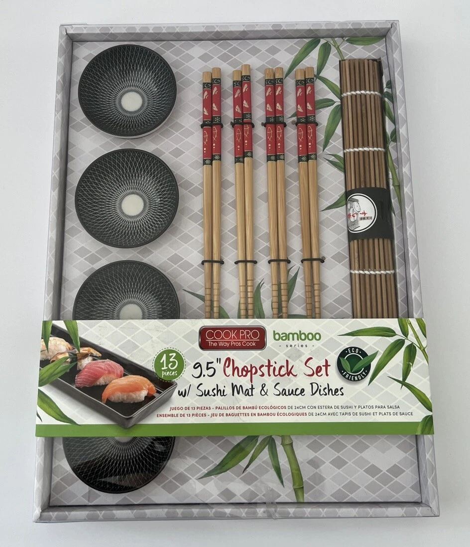 Cook Pro 13 Pieces 9.5” Chopsticks Set W/ Sushi Mat & Sauce Dishes ECO Friendly