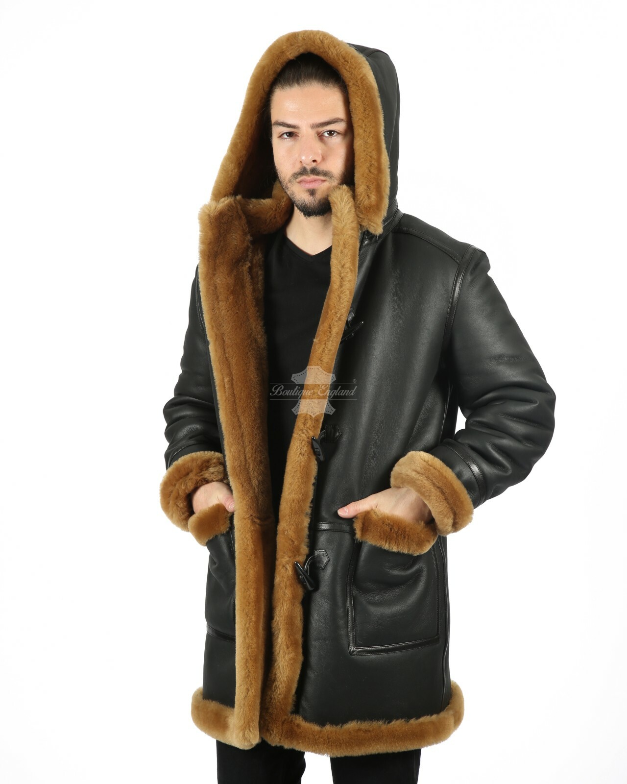 ALTRA Cappotto borsone uomo pelle di pecora marrone pelliccia di zenzero cappuccio 100% shearling ivar