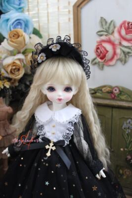 Lolita Starry Night Dress+Bonnet Black for Blythe OB24 1/6 1/4 1/3