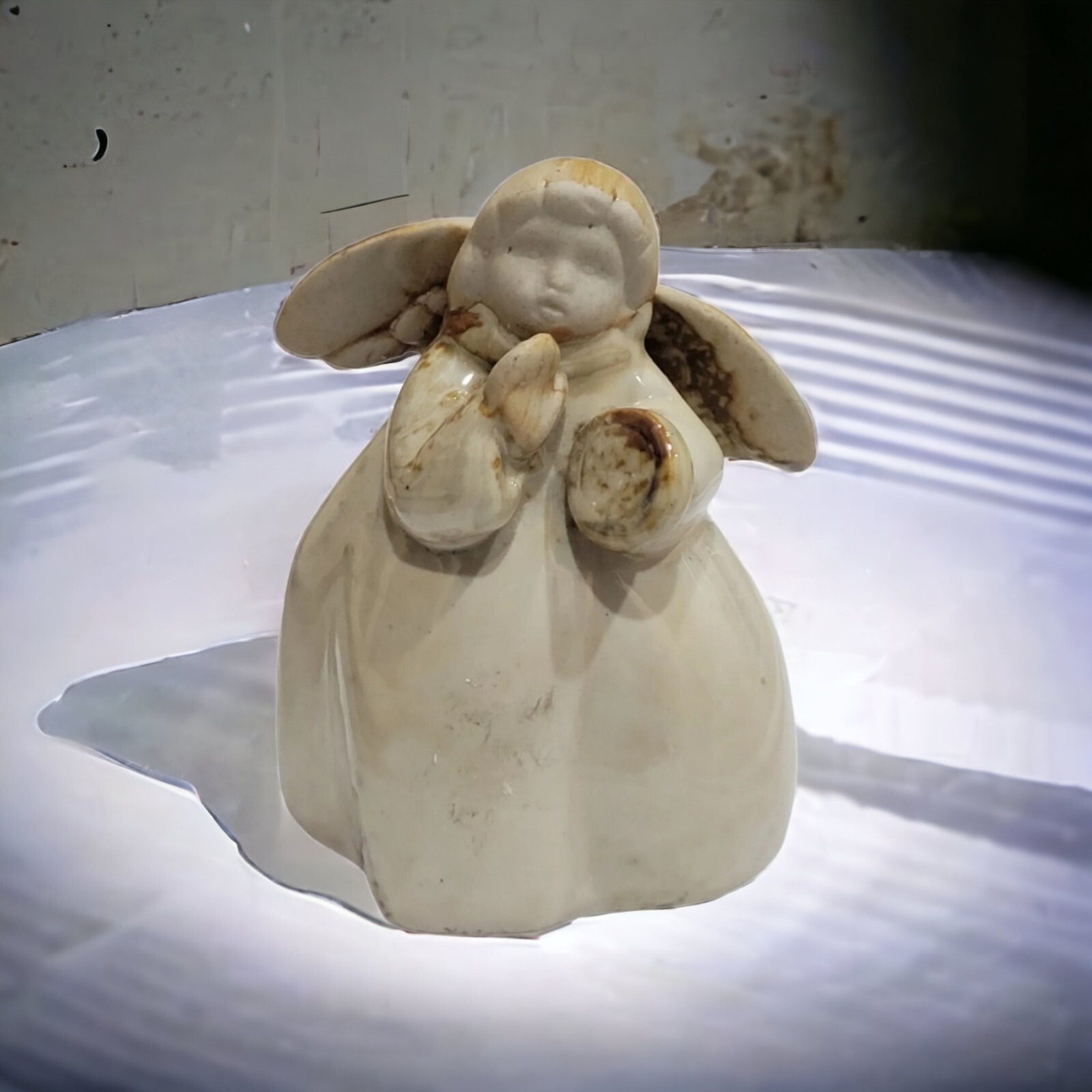 Glazed Ceramic Angel Tambourine Figurine Christmas Cherub Primative Modern Decor