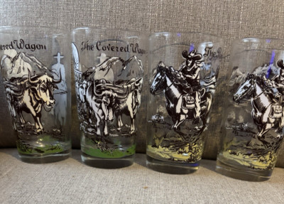 Vintage Set of 4 Pony Express & Covered Wagon Stan Kelly Design, 12 oz Glasses