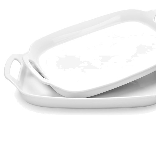 Stylish Serving Tray with Handles - Large Rectangular Porcelain Platters, 15.4"
