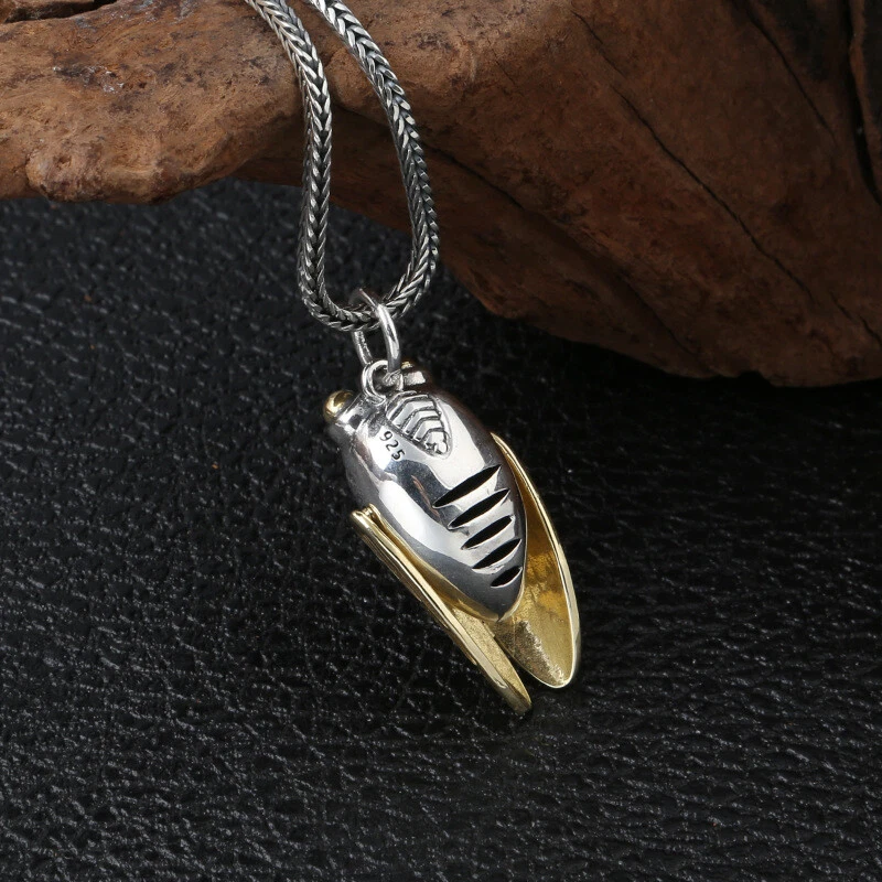 S925 Sterling Silver CICADA Pendant Two-Tone Gold Brass Wings Insect Nature Art - Image 3 of 4