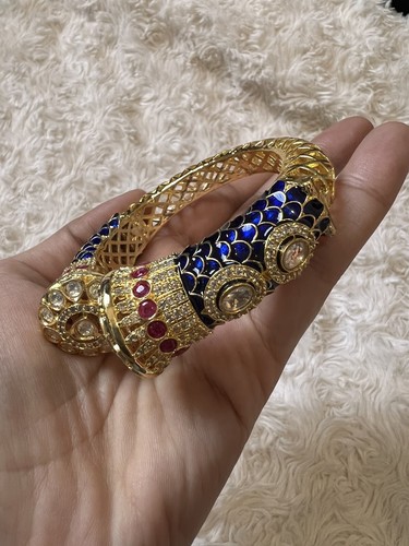 Peacock Kundan Sapphire Blue Bridal bracelet women kadha - Picture 5 of 11