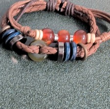 Brown Braided Leather Beaded Bracelet Adjustable Tie Bohemian Unisex Round Cord