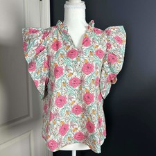 BiBi Floral Ruffle Sleeve Top S Cotton V-Neck Boho Blouse Pink IT3946R-01