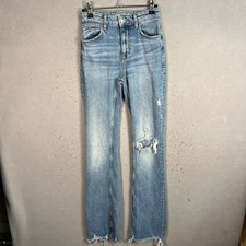 Zara Womens Distressed High-Waisted Striaght Leg Jeans Size 0 Light Blue Denim