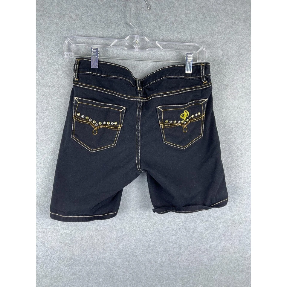 Southpole Jean Shorts Juniors 7 Black Denim Embroidered Mid Rise 7" Inseam 90s — 第 3/4 张图片