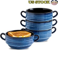Stackable Ceramic Soup Bowls W/ Handles Set of 4 Oven Safe Dishwasher Safe New