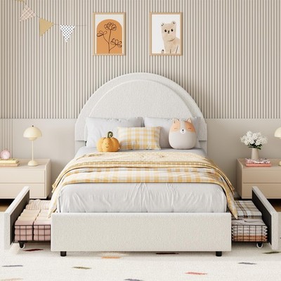 Twin Bed Frame, Headboard Boucle Upholstered Platform Bed Frame with 2 Drawers