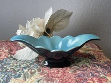 Beautiful Pottery Light Blue Brown Gravy/Sugar Dish Majolica? Flutted Rare