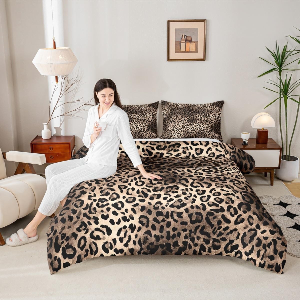 Leopard Print Comforter Set King Size,Black Brown Bedding Set 3pcs for Kids G...
