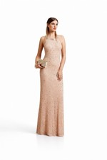 Adrianna Papell Caviar Illusion Back Beaded Gown in Taupe Pink Sz 10 Formal