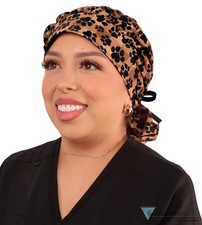 Banded Bouffant Ponytail Scrub Cap - Plentiful Paws on Brown Plaid with Black Ti