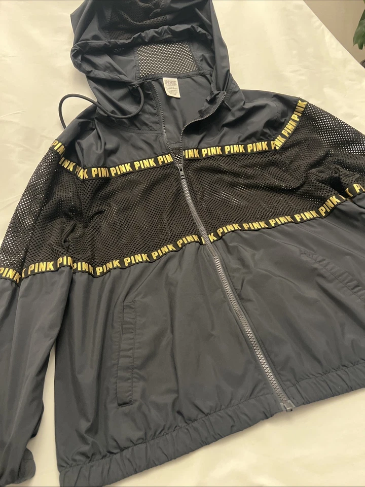 Chaqueta cortavientos ROSA Victoria's Secret negra dorada con logotipo cremallera malla con capucha talla M/L Foto 3 de 4