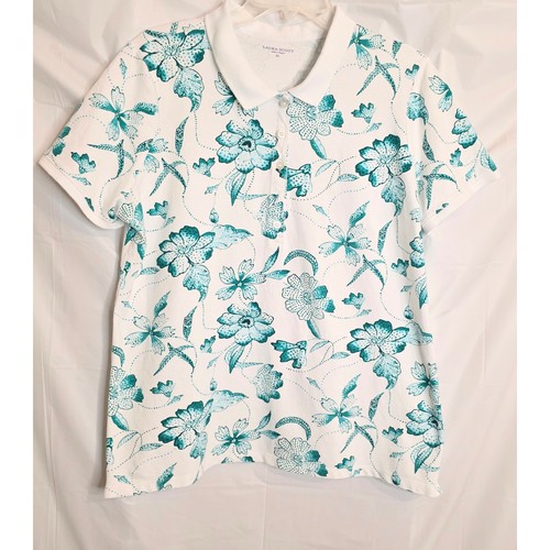 Laura Scott Top Women's XL White & Turquoise Floral Collared 5 Button Pullover - 第 1/5 張圖片