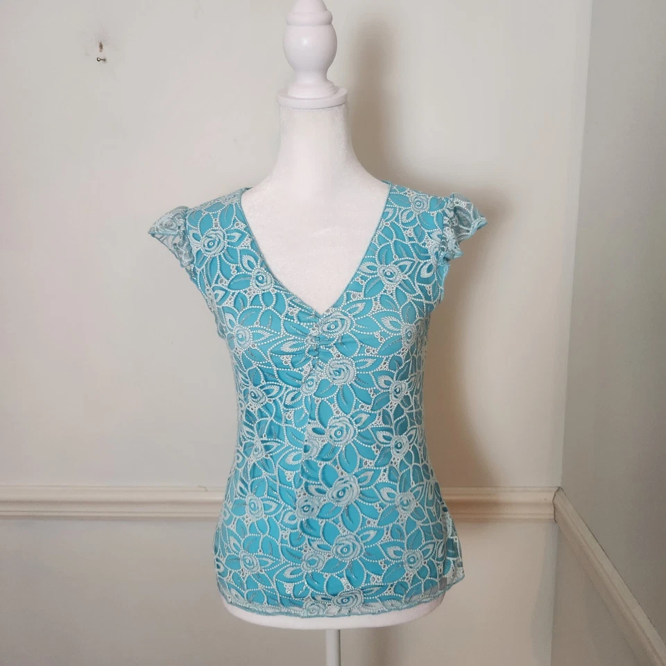 De Colección Años 90 Y2K Envolvente Top Talla Pequeña Juniors Hada Grunge Camisa Brillo Malla Floral Foto 2 de 4