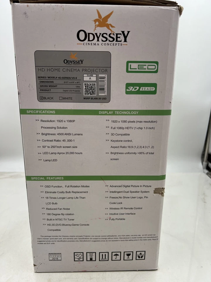 Odyssey VX-9 HD Home Cinema Projector LED 3D 1080P 4500 Lumens Max Austere - Image 4 of 4