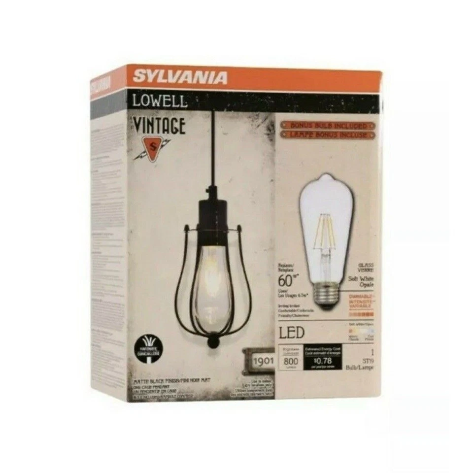 Luminária pendente Sylvania gaiola Lowell LED regulável nova na caixa preta usa lâmpada de 60 watts nova - Imagem 2 de 4