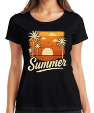 Summer Sunset Palm Trees Retro Vintage Beach Holiday Sea Womens T-Shirt
