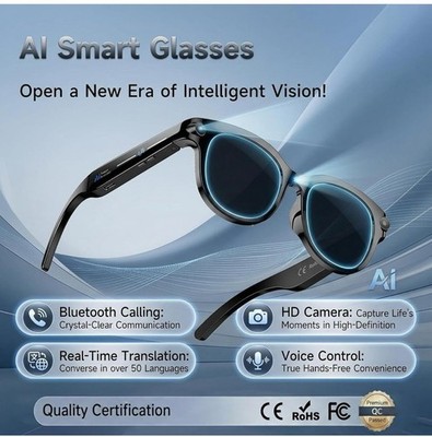 AI Smart Glass HD Dual Camera Video Recording Waterproof Noise Cancellation