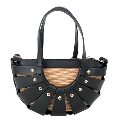 ITALIAN GENUINE CALF LEATHER & RAFFIA HANDBAG TRENDY BAG PURSE - MADE IN ITALY