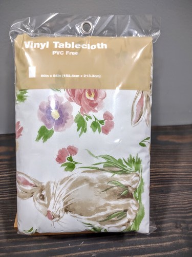 60 x 84 inch Bunny Rabbit Spring Polyethylene Vinyl Flannel Back Tablecloth - Picture 3 of 4