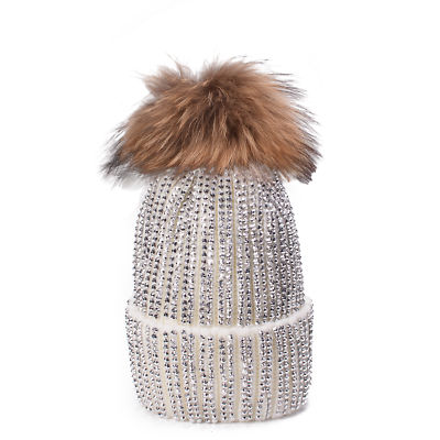 Womens Rhinestone Bling Pom Pom Knit Snow Ski Beanie Handmade Skull Hat Cap  A391