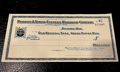 1912 MANISTEE & NORTH-EASTERN RAILROAD COMPANY Blank Bank Check~ RARE! MINT!