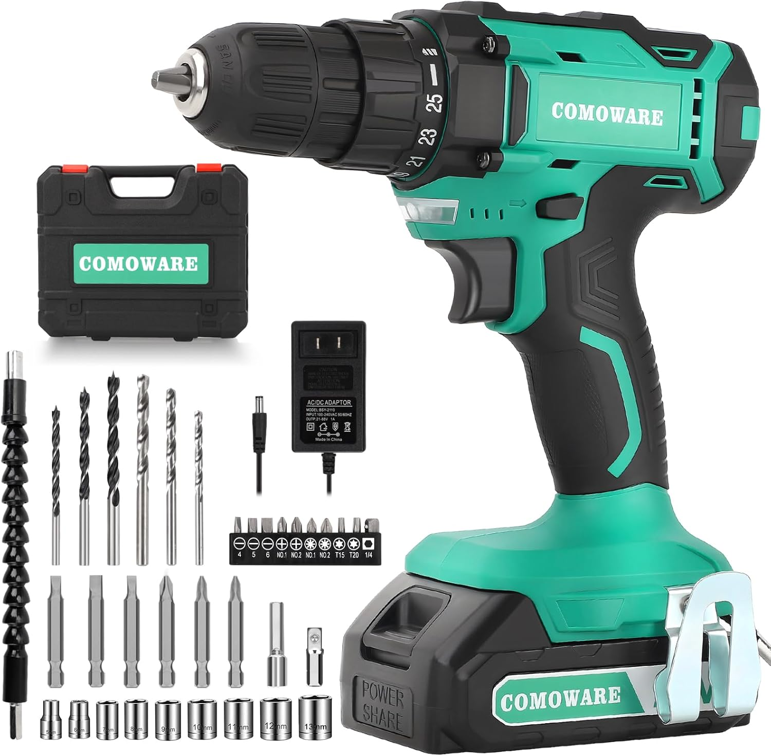 20V Cordless Drill, Electric Power Drill Set with 1 Battery & Charger, 3/8” Keyl