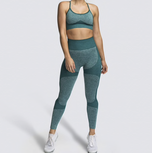 NEW 2 Piece Set Yoga Green Seamless Leggings Sports Bra Workout Gym Outfit Set - Picture 2 of 8