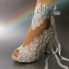 su.cheny 3" 4" heel satin white ivory lace pearls open toe Wedding bridal shoes