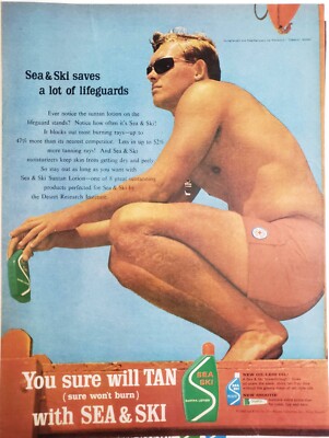 Sea and Ski Suntan Lotion Print Ad 1964 Ephemera Wall Art Decor Renauld Sunglass