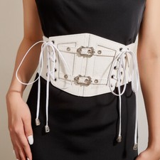 Women Lace Faux Leather Wide Belt Waistband Corset Cincher Elastic Gothic