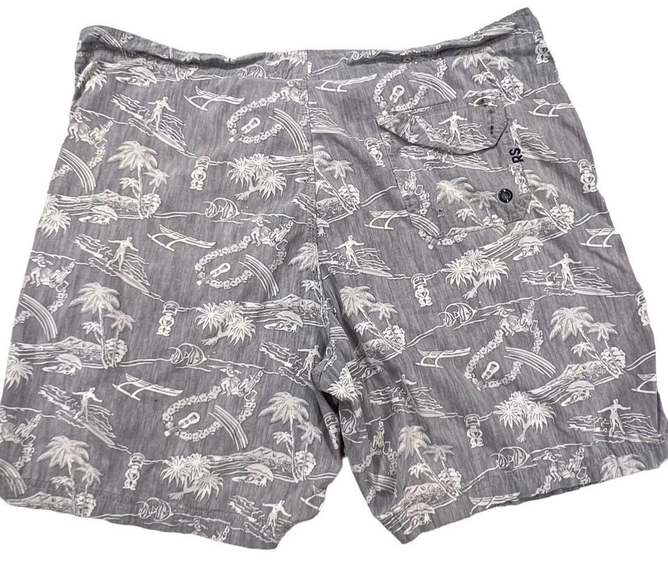 Reyn Spooner Swim Trunks Mens 38 Gray Hawaiian Shorts Aloha Guitar Palm Trees - Изображение 2 из 4
