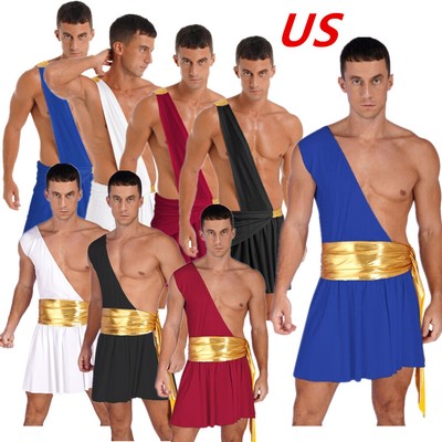 US Men's Toga Costume One-Shoulder Strap Ruffle Skirts Halloween Cosplay Costume