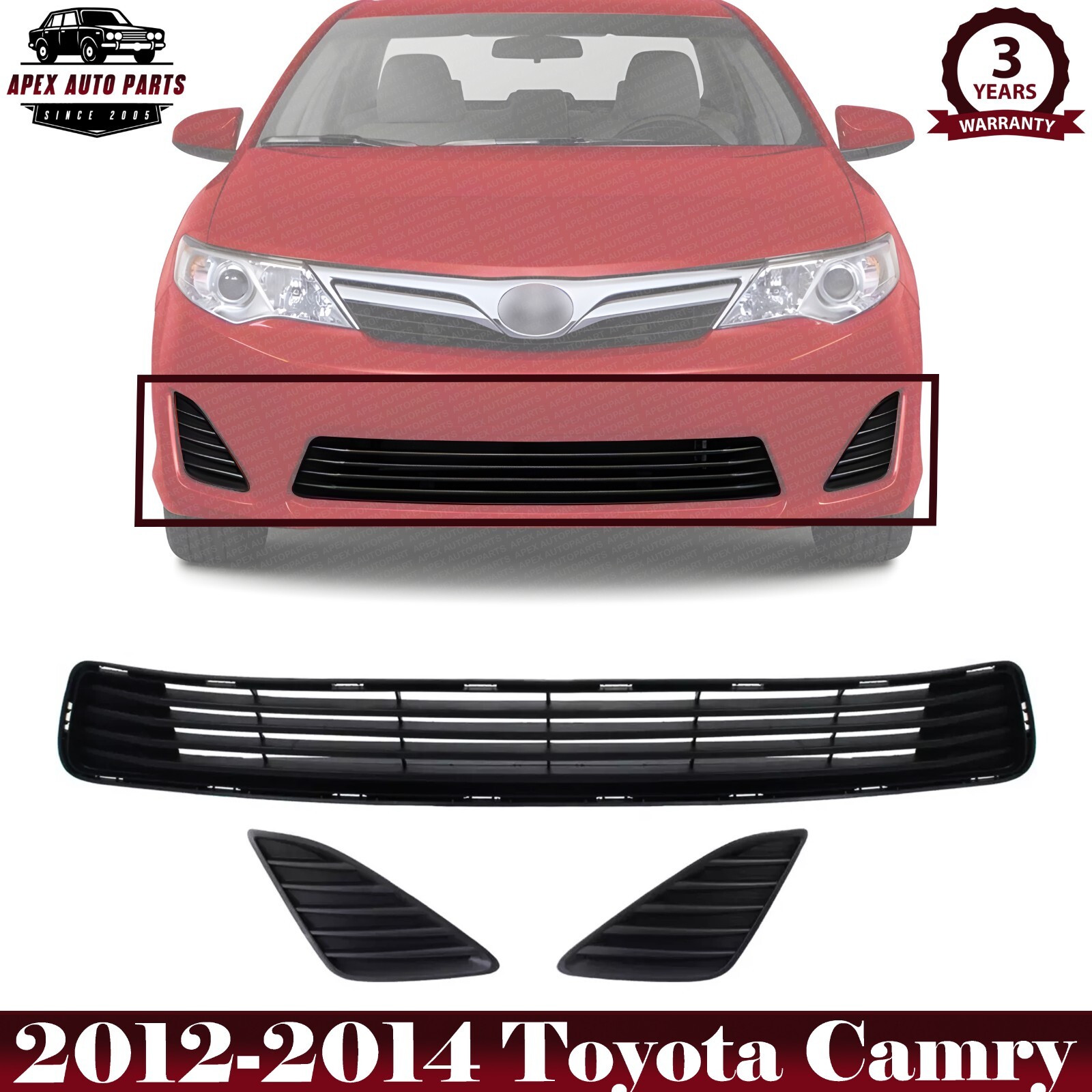 Front Lower Grille Textured + Fog Light Cover LH & RH For 2012-2014 Toyota Camry