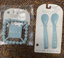 Bella Tunno Tots Blue Silicone Spoons 2 and Blue Silicone Teether, New