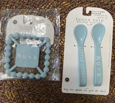 Bella Tunno Tots Blue Silicone Spoons (2) and Blue Silicone Teether, New