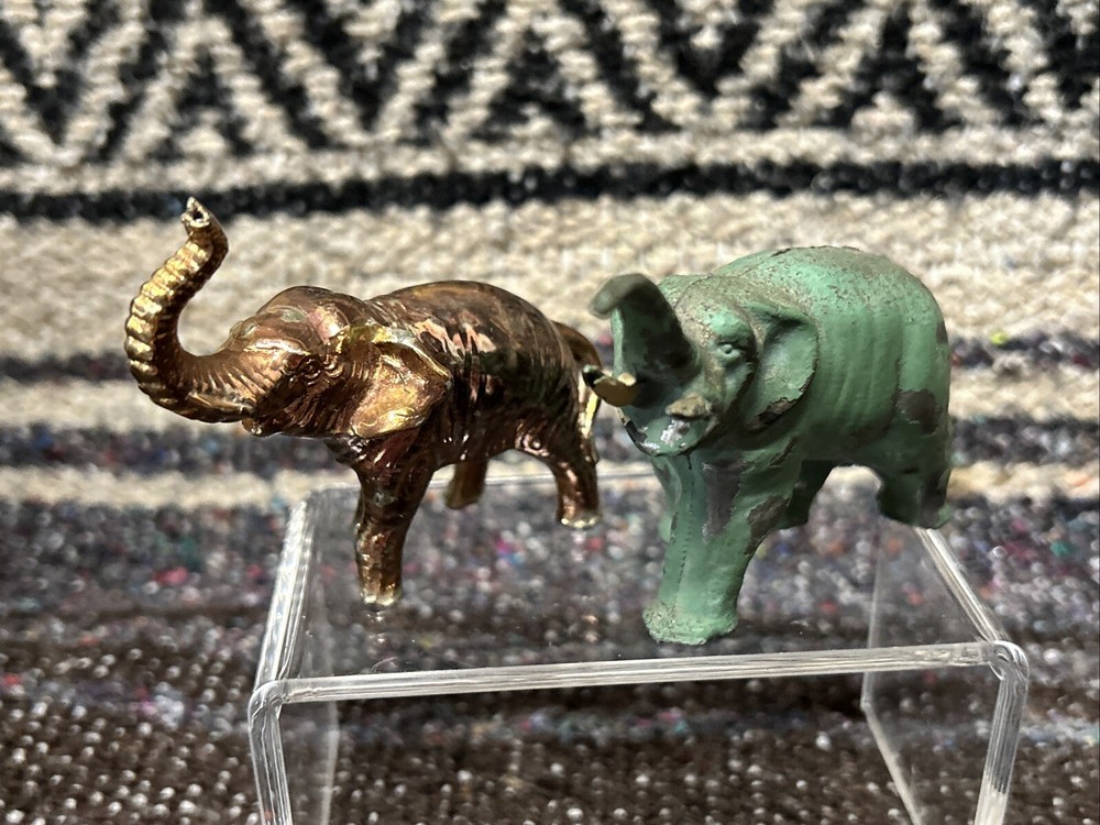 Two Small Metal Elephants, Both Hollow, Unmarked, One Gold Painted One Green