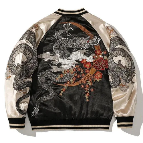 Mens Bomber Japanese Pattern Embroidery Dragon Tattoo Sukajan Fashion Jacket - Picture 11 of 13