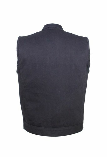 Men's Motorcycle Black Denim Club Vest with Zipper & Button Snap Front Closure - Picture 3 of 7