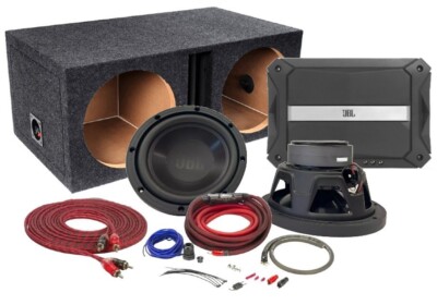 Two JBL Stadium 102S STADIUM600AM Amp E10DV Dual 10'' Enclosure 4Ga Wiring Kit Pk