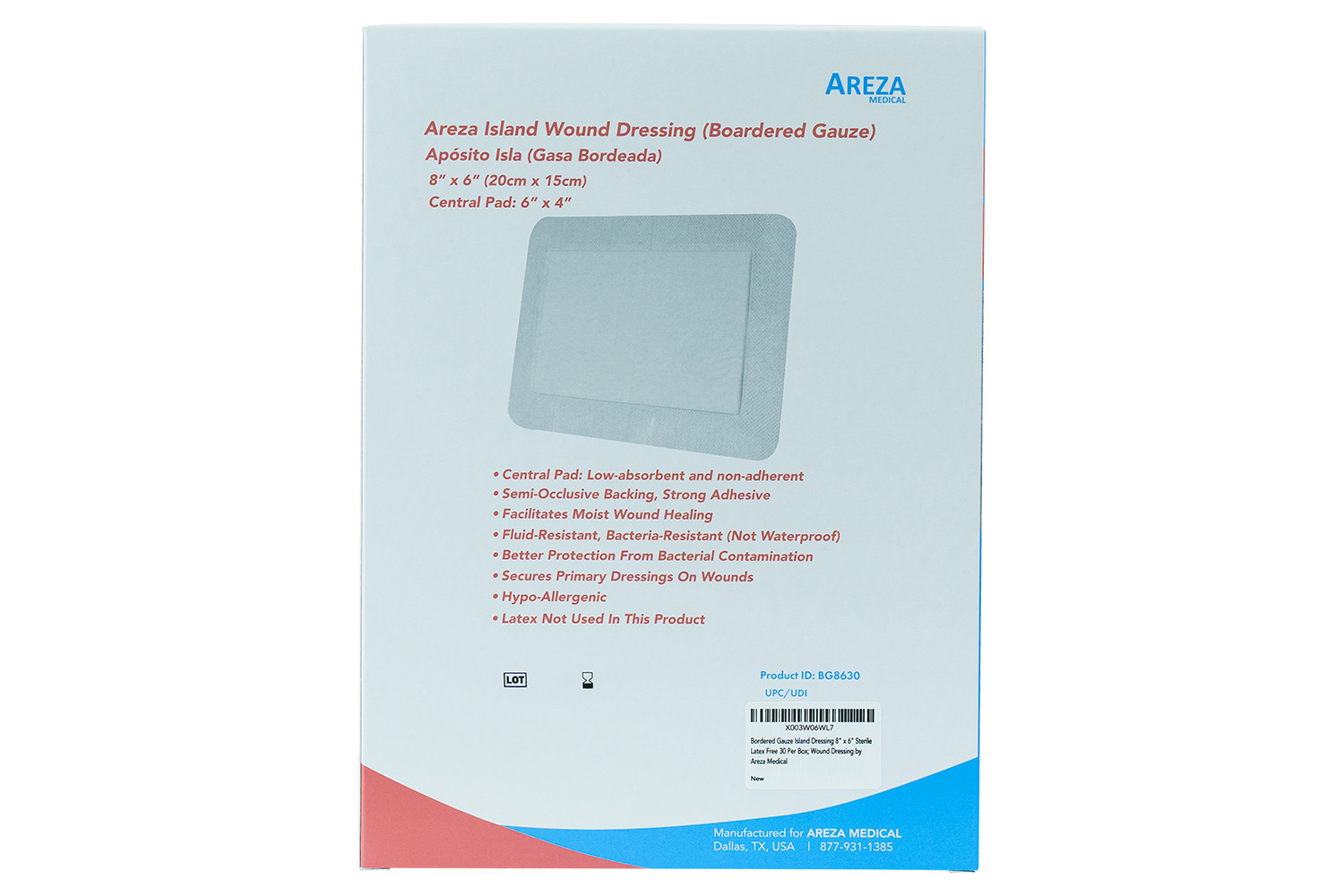 Island Wound Dressing (Bordered Gauze) 8" x 6"  Sterile (30 Per Box)