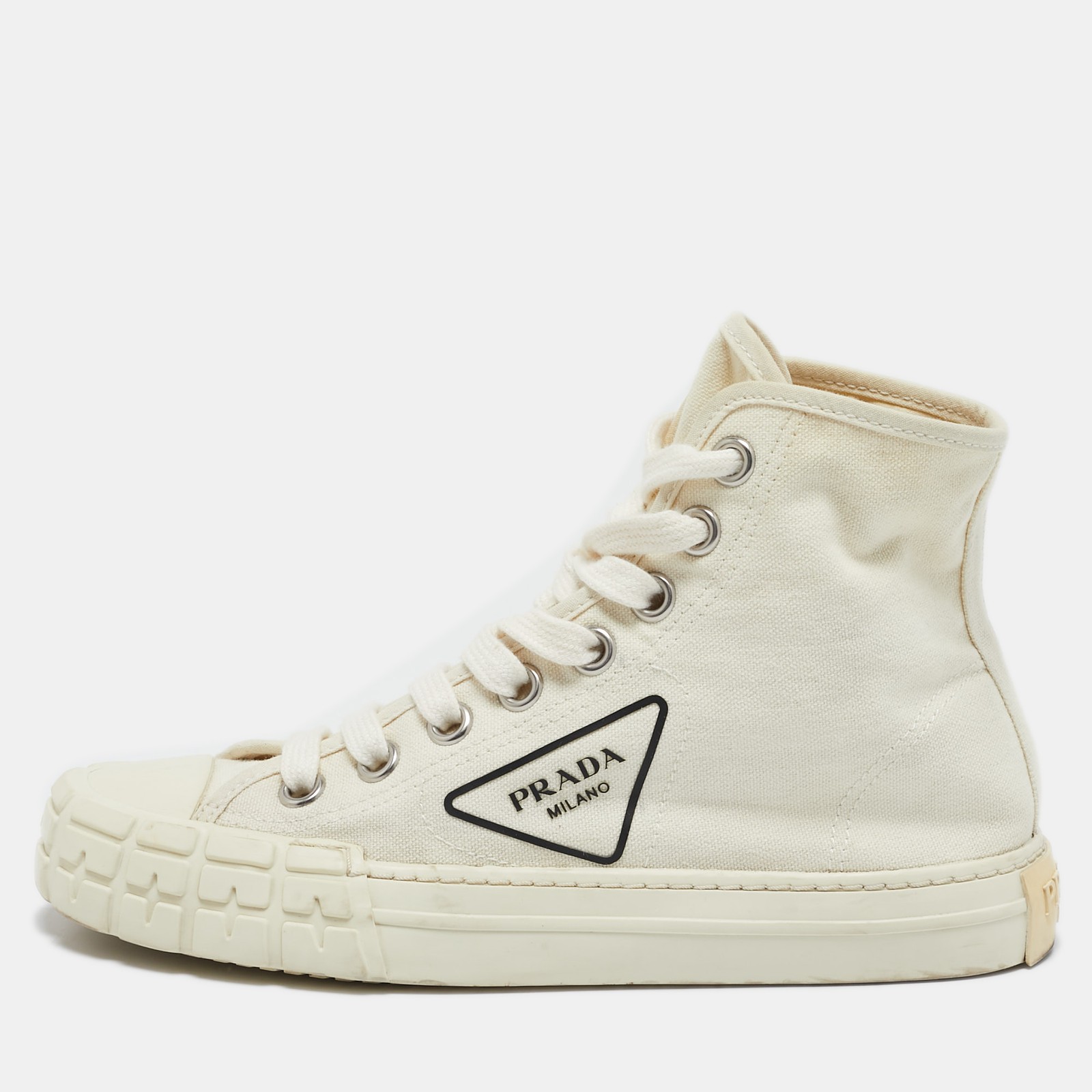 Prada Off White Canvas Gabardine High Top Sneakers Size 36