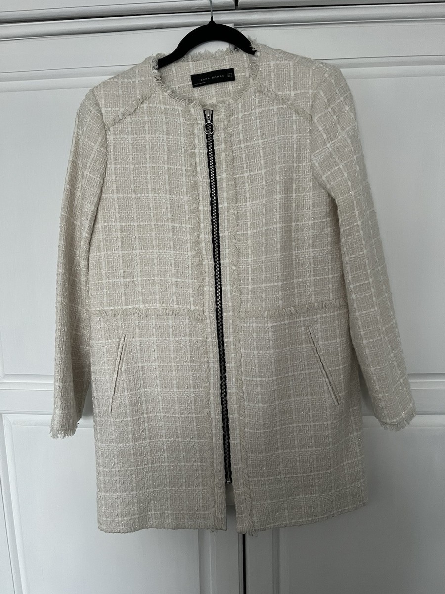Zara Winter White Boucle Long Jacket M UK