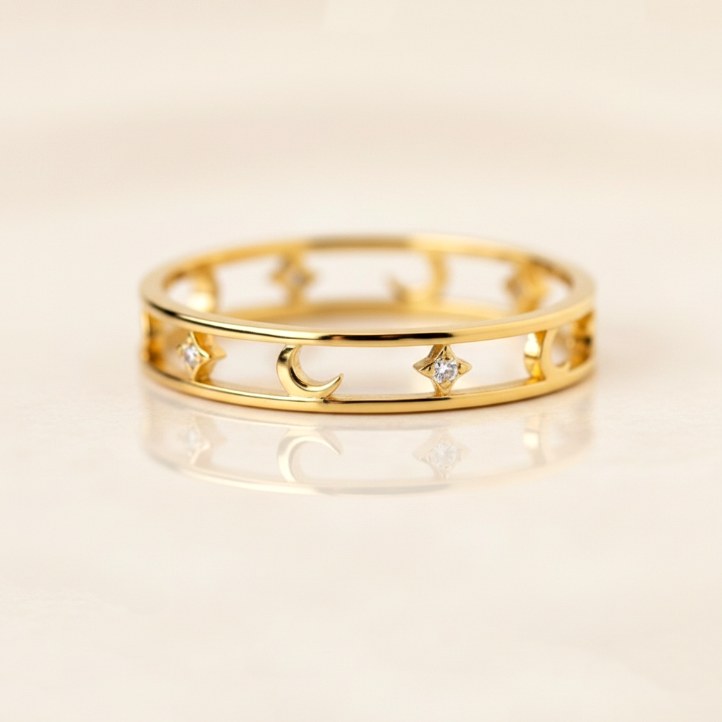 1.5MM Real Diamond Crescent Star Ring, Double Band Ring, 14k Solid Yellow Gold