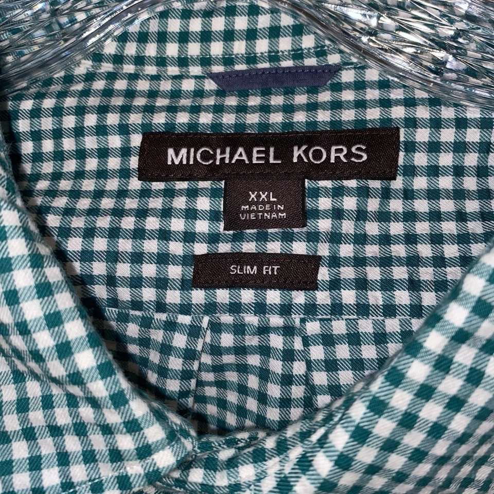 Michael Kors Shirt Men's XXL Slim Fit Button Up Green White Plaid Short Sleeve - Image 2 of 4