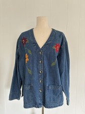 Women  s Vintage 90  s Cottagecore Floral Embroidery Denim Jacket Size XL