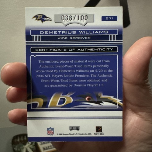 2006 Playoff Absolute DEMETRIUS WILLIAMS Rookie Premiere Materials /100 Ravens - Picture 2 of 2